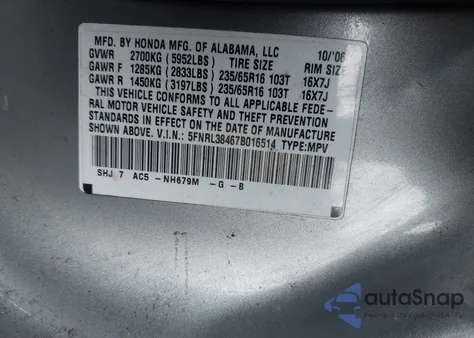 2007 Honda Odyssey Ex from USA, damaged, VIN 5FNRL38467B016514